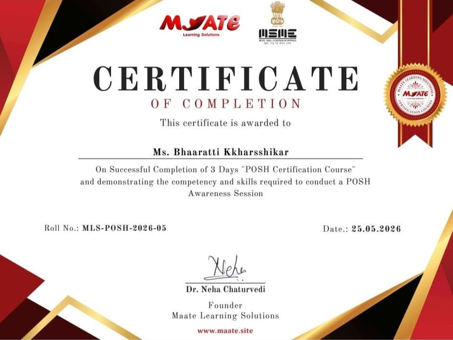 Certificate of Completion — POSH Certification Course, Maate Learning Solutions & MSME